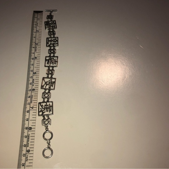 Vtg Sterling Silver Chinese Character Square Link Bracelet Toggle Clasp 8.3”- 9” - Picture 4 of 4